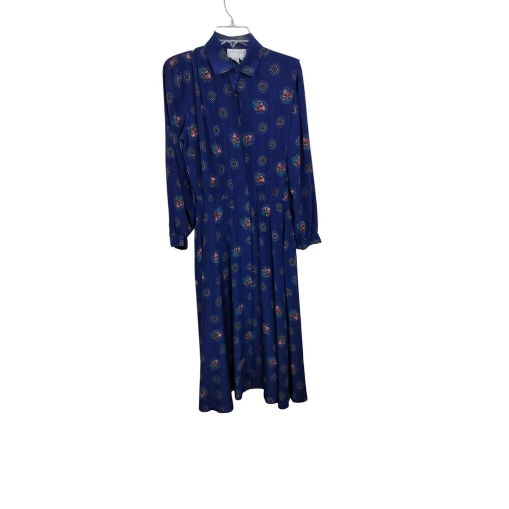 3936)Vtg 80 Schrader Blue Floral print Button Up Long Sleeve Pleated Dress Sz10